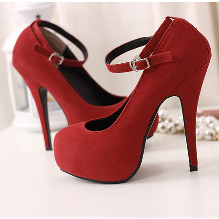 red ankle strap pumps