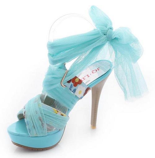 Fashion Ribbon Straps Stiletto High Heels Blue PU Cross Strap Sandals ...
