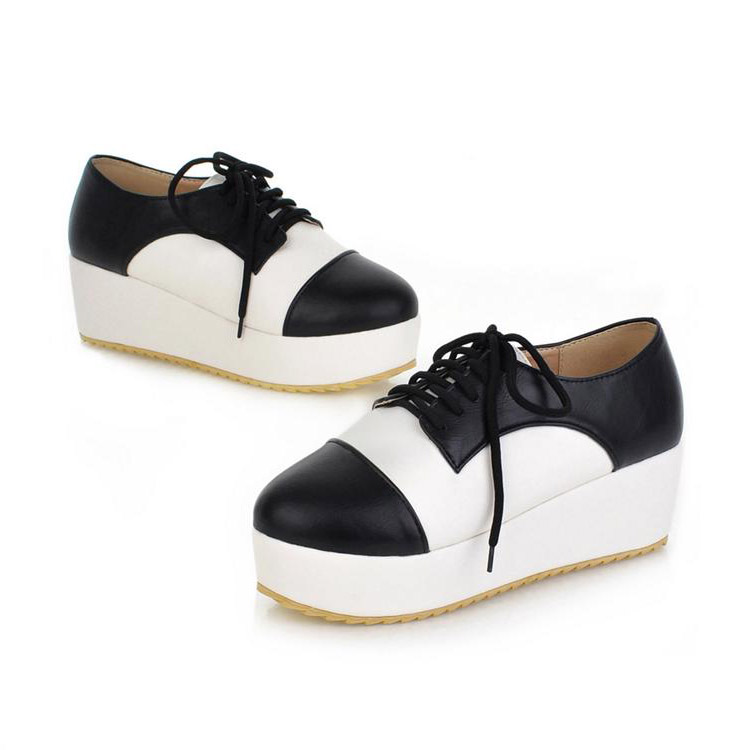 Fashion Round Closed Toe Patchwork Black PU Platform Shoes_Platform Shoes_Shoes_LovelyWholesale