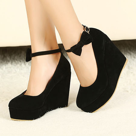 Fashion Round Closed Toe Super High Wedges Black Suede Ankle Strap ...