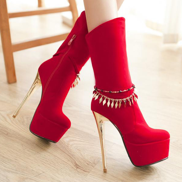 High Heels Red PU Mid Calf Martens Boots_Boots_Womens Shoes_Cheap ...