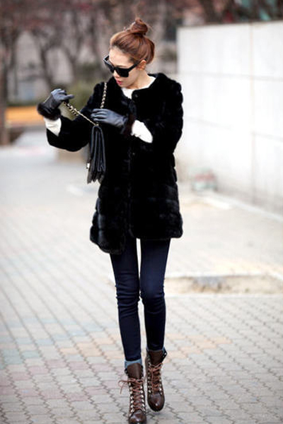 Fashion O Neck Long Sleeve Single Breasted Black Faux Fur Long Coat