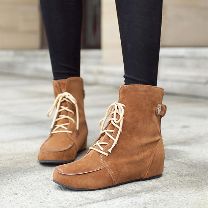Winter Round Toe Wedge Mid Heel Lace Up Khaki Short Snow