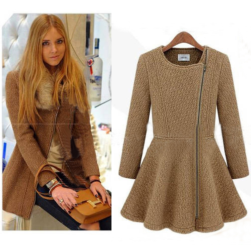 Elegant O Neck Long Sleeves Zipper Design Light Tan Wool Dress_Dresses