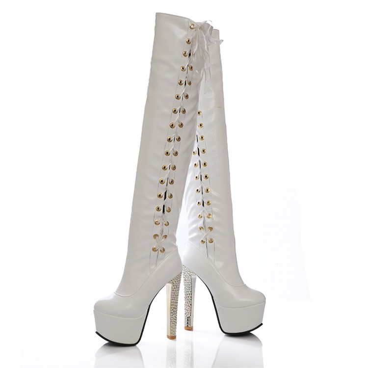 Super High Heel Pleated White PU Over the Knee Martens Boots_Boots ...