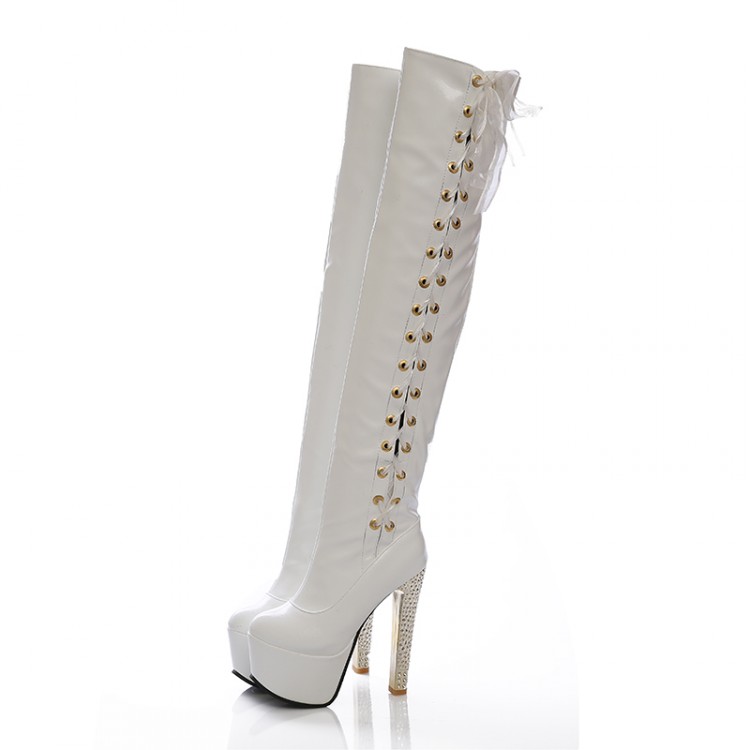 Super High Heel Pleated White PU Over the Knee Martens Boots_Boots ...