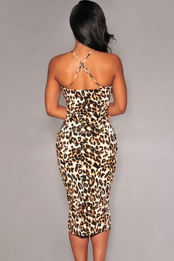 Cheap Sexy V Neck Spaghetti Strap Sleeveless Crisscross Backless Front Split Leopard Polyester 1553