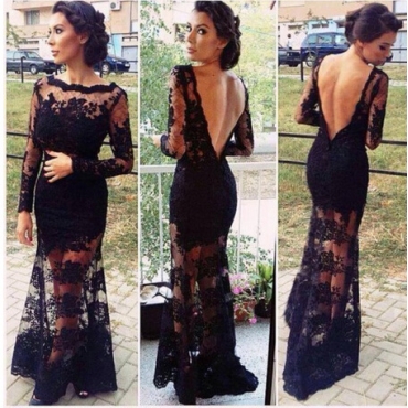 Cheap Sexy Bateau Neck Long Sleeves Backless Black Lace Ankle Length Dress