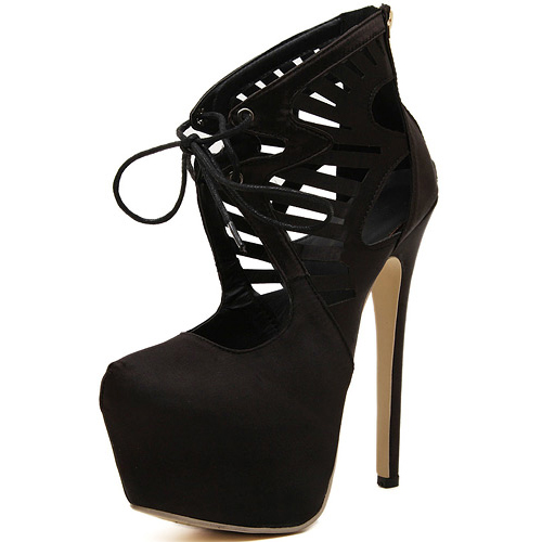 Cheap Fashion Round Closed Toe Hollow-out Lace-up Platform Stiletto