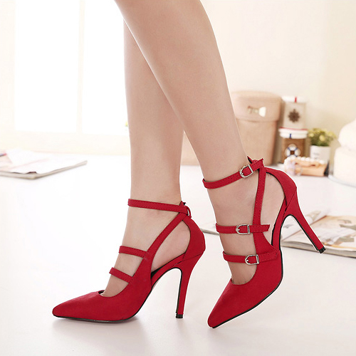Fashion Pointed Closed Toe Stiletto Super High Heel Red PU Ankle Strap Pumps_Pumps_Shoes 