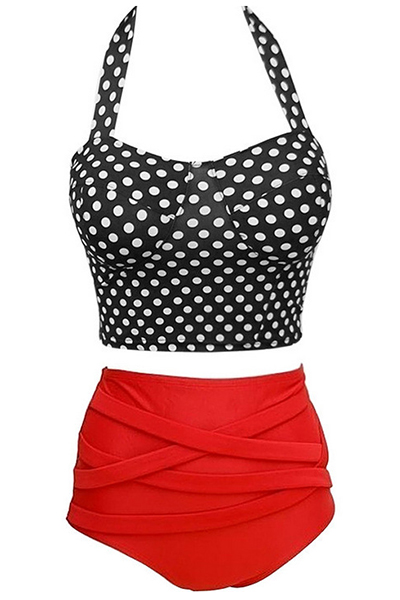 Sexy Halter Neck Polka Dots Print Red Two Piece Swimwear Bikinis Swimwear Lovelywholesale