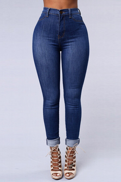 Trendy Mid Waist Button Fly Blue Denim Skinny Pants_Pants ...
