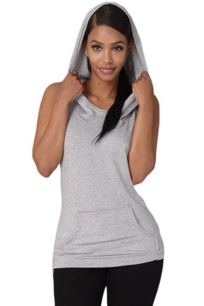 Sexy Sleeveless Hooded Design Hollowout Gray Polyester Tops_Camisole