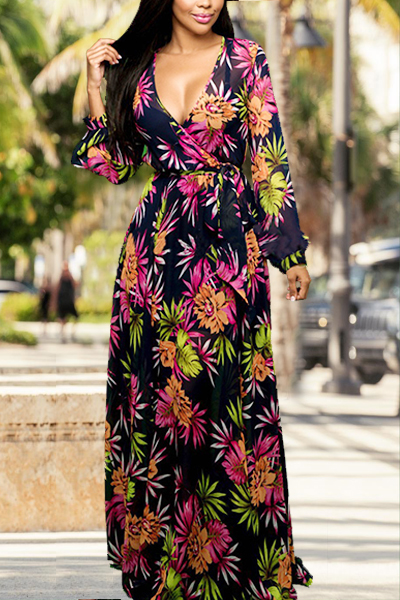 fashion casual v neck long sleeve print dress