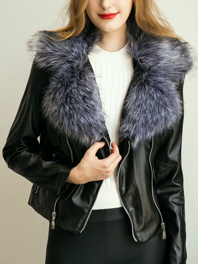 Trendy Turndown Collar Long Sleeves Fur Decorative Purple Faux Fur