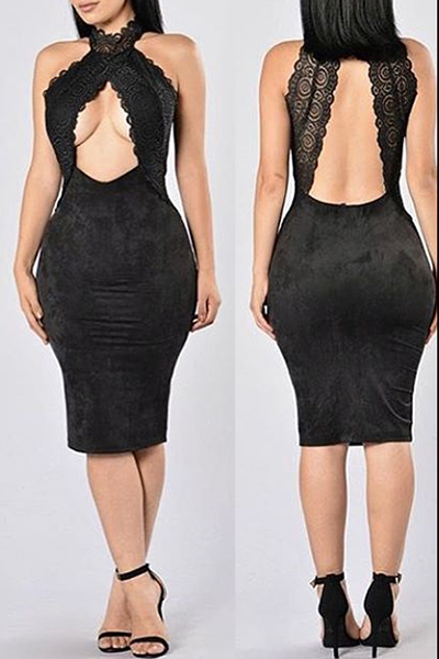 Sexy Sleeveless Backless Black Lace Sheath Knee Length Dressdresseslovelywholesale Wholesale 
