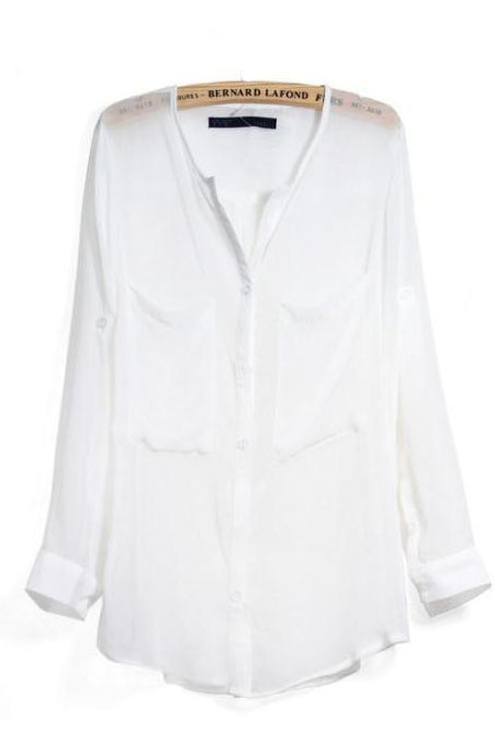 European Styles V Neck Long Sleeves Solid White Chiffon Shirt_Blouses ...