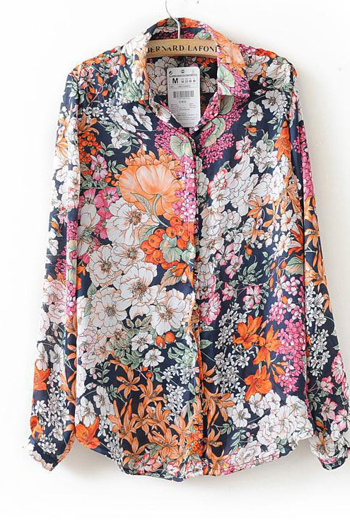 Sweet Floral Print Turndown Collar Long Sleeves Chiffon Blouse_Blouses ...