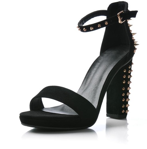 Fashion Rivet Embellished Chunky High Heels Black Suede Ankle Strap ...