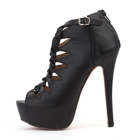 Fashion Round Peep Toe Stiletto High Heels Black PU Gladiator Pumps ...