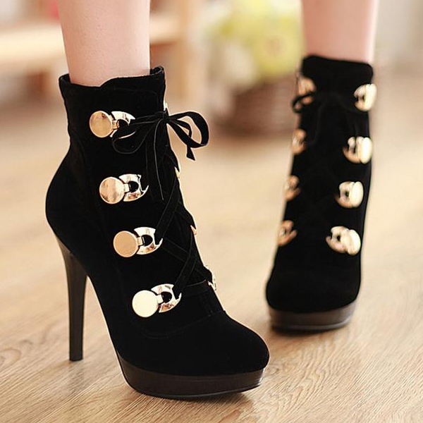 Spring Autumn Round Toe Sequined Stiletto High Heels Lace Up Black ...