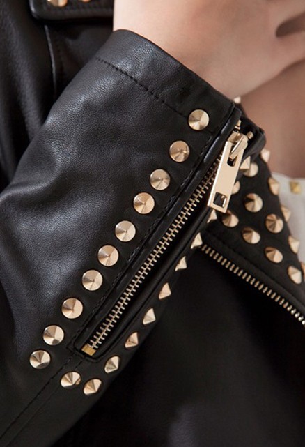 Fashion Rivets Embellished Turndown Collar Long Sleeve zipper Black PU ...