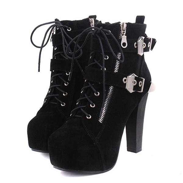 Winter Round Toe Chunky High Heel Lace Up Black Suede Short Martens ...