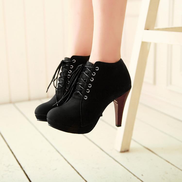 Spring Autumn Round Toe Stiletto High Heel Lace Up Ankle Black Martens ...
