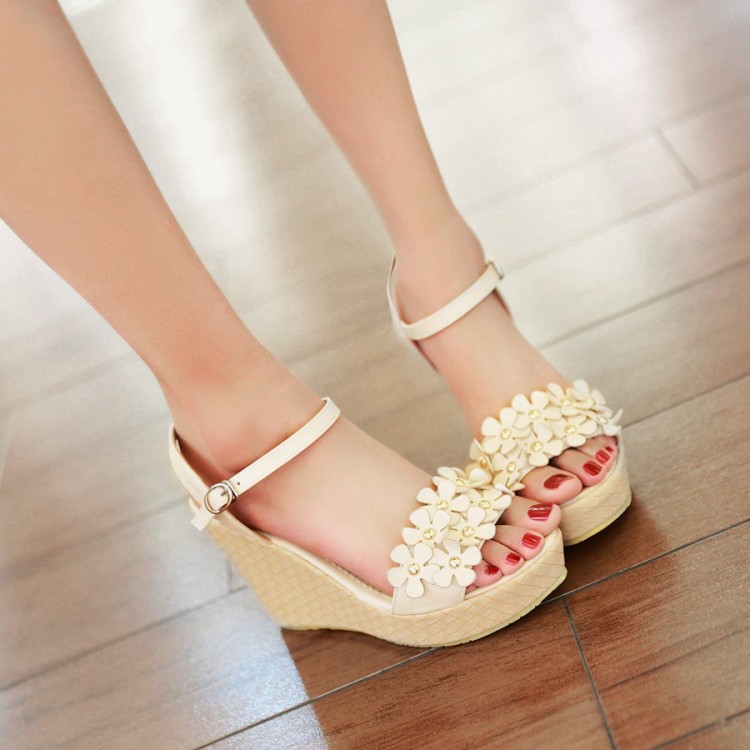 Cheap Fashion Floral Embellished Super High Wedge Apricot PU Ankle ...