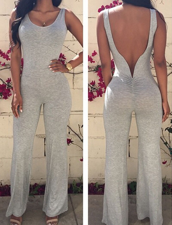 Sexy V Neck Sleeveless Backless Solid Grey One-piece Regular Jumpsuit ...