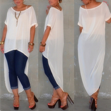 Sexy O Neck Short Sleeves Asymmetrical Solid White Polyester T-shirt_T ...