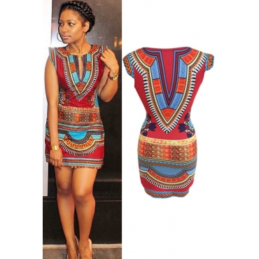 Fashion Cap Sleeves Geometric Tribal Print Polyester Sheath Mini Dress ...