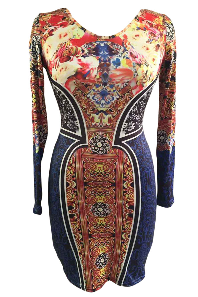 Fashion V Neck Long Sleeves Ethnic Print Polyester Sheath Mini Dress ...