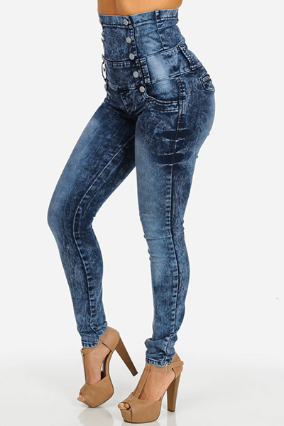 Stylish High-Waisted Button Decoration Blue Denim Skinny Jeans_Jeans ...