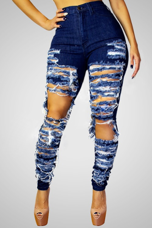 Stylish High-Waisted Hollow-out Design Blue Denim Jeans_Jeans_Bottoms ...