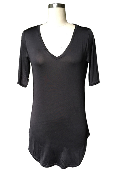 Casual V Neck Short Sleeves Asymmetrical Solid Black Blending T-shirt_T ...